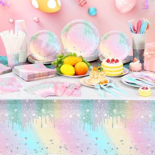 Funnymoom 452 Pcs Iridescent Diamond Birthday Party Decorations for 50 Guests, Glitter Pastel Rainbow Paper Plates and Napkins Cups Tablecloth Cutlery Straws for Women Birthday Baby Shower Supplies - Image 4