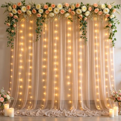 10x10ft Dark Champagne Tulle Backdrop Curtains with Lights String for Parties,Wrinkle Free Sheer Curtain Wedding Photo Backdop Drapes for Baby Shower Birthday Party Photography Home Decorations by PartyTalk
