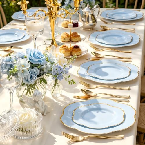 Liacere 50PCS Light Blue Plastic Plates - Heavy Duty Blue Disposable Plates - Blue and Gold Plastic Plates Include 25PCS Blue Dinner Plates, 25PCS Blue Dessert Plates for Party/Baby Shower/Wedding - Image 4