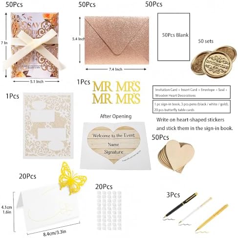 50Pcs Laser Cut Wedding Invitation With Glitter Envelopes And Ribbons Blank Personalized Card Invitaciones Para quinceañera Birthday Baby Shower Christmas Party Bridal Shower (Rose Gold) - Image 2