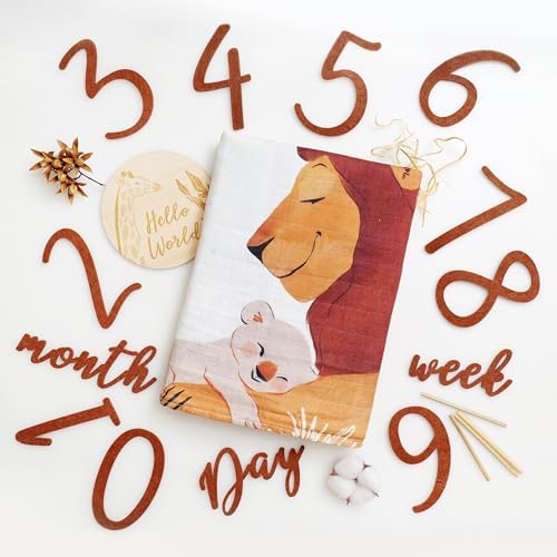 Miaoberry Safari Baby Milestone Blanket, Africa Jungle Theme Monthly Photo Growth Tracker with Giraffe, Lion, Elephant with Hello World Sign by MiaoberryBaby