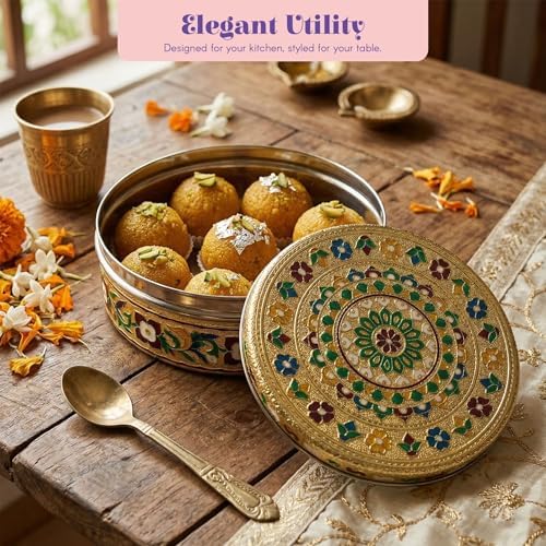 LOVENSPIRE Meenakari Stainless Steel Storage Box with Lid (1 Kg) Decorative Round Indian Food Container for Sweets, Kitchen Items & Return Gift Favors Pack of 12 - Image 7