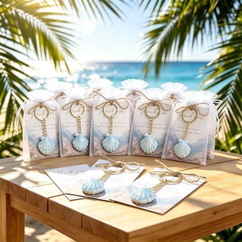 Bulk 12/24 Seashell Pearl Keychain & Thank You Cards for Party Favors - Image 2
