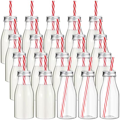 Yinkin 20 Sets Plastic Milk Bottles with Straws Bulk Reusable Beverage Containers for Birthday Baby Shower Party with Metal Lids Straws for Milk Juice Smoothies (8 oz,Red,White) by Yinkin