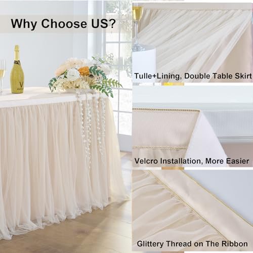 167in Champagne Gold Tulle Table Skirts for Rectangle Tables 8/6ft, 2-Layer Gold Grim Ruffle Tutu Cloth Table Skirt 14ft Decor Wedding Party Birthday Baby Shower Dessert Table(No Table Cover) - Image 4