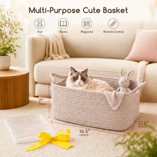 OIASKET Large Empty Cotton Rope Gift Basket with Handles, 16.5"x12.6"x7" Decorative Woven Storage Basket with Gift Bag and Ribbon Set for Baby Shower, Toy Organizer for Kids, Dogs & Cats - Brown - Image 4