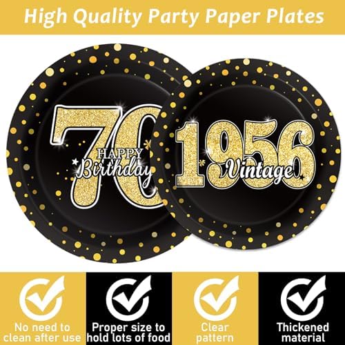200PCS 70th Theme Birthday Party Tableware Vintage 1956 Party Supplies 70 year old Birthday Party Decorations Plates Napkins Forks Black and Gold Dinnerware Favors for Men or Women - Image 3