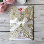 50PCS 5.12 x 7.28'' Champagne Wedding Invitations Cards Laser Cut Hollow Rose Flowers Pocket with bowknot for Bridal Shower Engagement Birthday Invite (Champagne Glitter) - Image 5