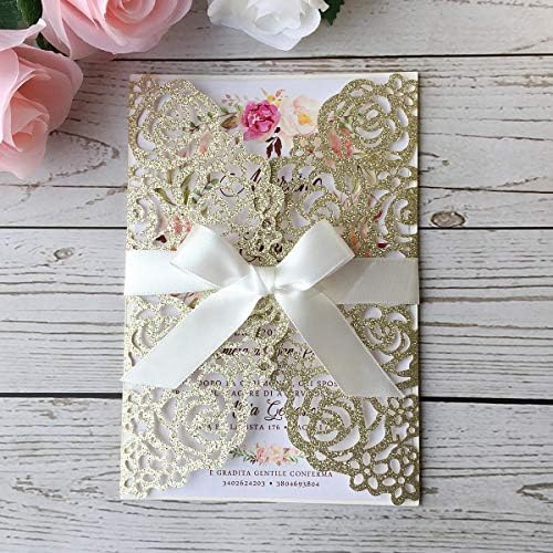 50PCS 5.12 x 7.28 Inch Personalized Champagne Wedding Invitations Cards Laser Cut Hollow Rose Flowers Pocket with bowknot for Bridal Shower Engagement Birthday Invite (Champagne Glitter) - Image 4