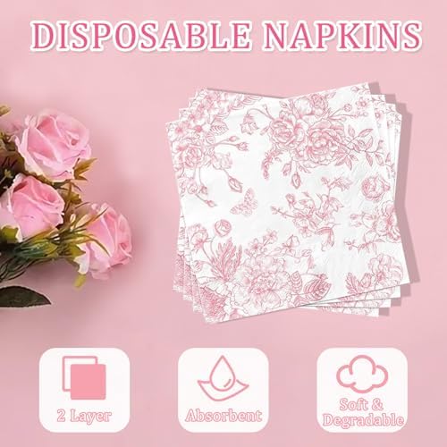 250 Pcs Pink Floral Plates and Napkins, 50 Guests Pink and White Scalloped Disposable Tableware Set Vintage Paper Plates Napkins for Wedding Bridal Shower Tea Garden Party Supplies - Image 6