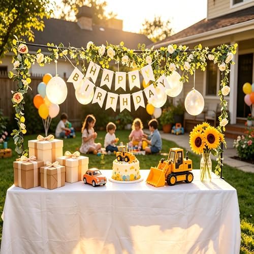 8FT x 4FT Adjustable Table Backdrop Stand Kit with Floral Garland, Balloons, Banners & Air Pump - Complete Party Decoration Set for Birthday, Anniversary, Wedding, Baby Shower by Unknown