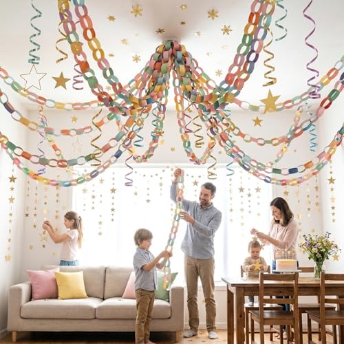 ABOAT Pastel Paper Chain Garland Kit & Mirror Star Garland, 800 Pre-Cut Strips with Double Sided Tape, Multicolor Pastel Craft Paper for Fancy Nancy, Birthday, Wedding & Festival Decor, 3x8.27 Inches by ABOAT