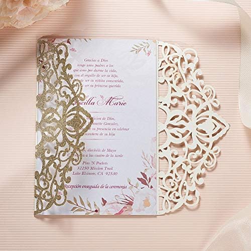 50Pcs Glitter Floral Laser Cut Wedding Invitation Cards Blank with Envelope - Image 5