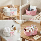 3Pcs Pink Bow Baskets , Coquette Woven Cotton Rope Storage Baskets with Handles, Cute Ribbon Decorative Laundry Hamper Bins for Nursery, Shelf, Makeup, Diaper, Baby Shower Nesting Organizer - Image 4