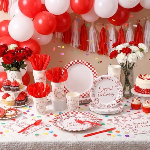 LemonRoad 175 Pcs Special Delivery Pizza Baby Shower Party Set Serves 25 Guests, 9'' Dinner Plates 7'' Dessert Plates 9oz Cups Red White Gender Neutral Disposable Tableware for New Baby Welcome Party - Image 5