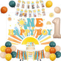 Cheereveal Boho Sun 1st Birthday Decorations Blue and Orange, One Happy Boy Backdrop Banner, Sunshine Photo Banner Cake Topper, Sun Rainbow Themed First Birthday Baby Shower Party Supplies for Boy by Cheereveal