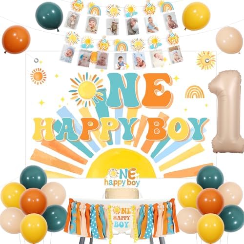 Cheereveal Boho Sun 1st Birthday Decorations Blue and Orange, One Happy Boy Backdrop Banner, Sunshine Photo Banner Cake Topper, Sun Rainbow Themed First Birthday Baby Shower Party Supplies for Boy by Cheereveal