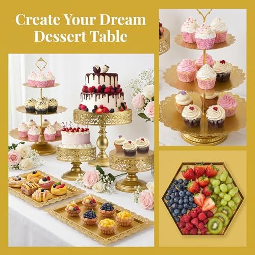 Jucoan 10 Pieces Gold Metal Cake Stand Set, Cupcake Holder Pastry Candy Fruits Serving Plate, Gold Dessert Table Stands and Trays Set for Wedding Birthday Baby Shower Bridal Shower Tea Party - Image 5