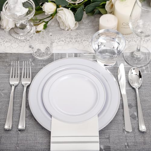 NOCCUR 700PCS Silver Plastic Plates Disposable for 100 Guests - Include 100 Dinner/Dessert White Plastic Plates with Silver Trim,300 Cutlery,100 Cups,100 Napkins for Party&Wedding - Image 6
