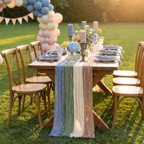8 Pcs Sage Green Dusty Blue Brown Cheesecloth Table Runner 118" - Image 3