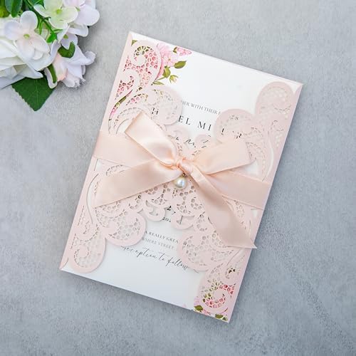 20Pcs Blush Pink Laser Cut Wedding Invitation Cards With Envelopes - Image 2