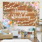 Happy Birthday Backdrop, Rustic Wooden Butterfly Glitter Lights Pink Floral Poster Party Supplies Photo Background for Women, Pink Floral Party Decoration Background for 20th 30th Women Girl 15X10ft - Image 3