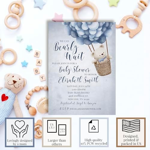 Amanda Creation Teddy Bear Baby Shower Invitations, 20 Personalized 5x7 Baby Shower Invitations for Boy with Envelopes, Blue Bear Balloon Design - Image 2