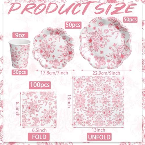 Newtay 250 Pcs Pink Floral Disposable Paper Plate Napkins - Image 2