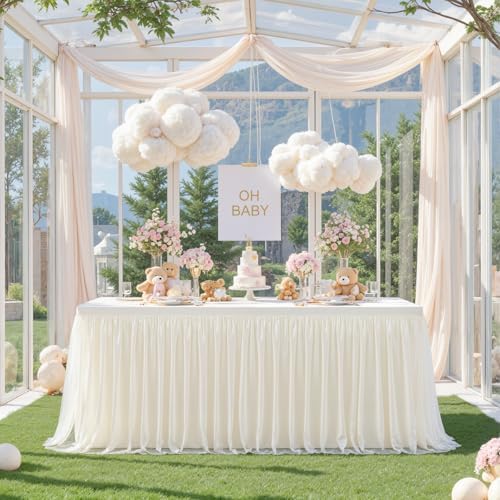 Ivory Fitted Tablecloth Rectangle 8 Foot Stretch Elastic Tulle Ruffle Tablecloths Rectangular Spandex Table Covers 8ft Birthday Baby Shower Party Wedding Table Cloths with Skirt 6Pack - Image 6