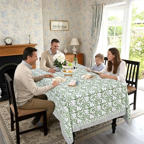 Ridhi Sage Green Hand Block Print Cotton Rectangle Tablecloth 118 x 70 Inch - Image 3