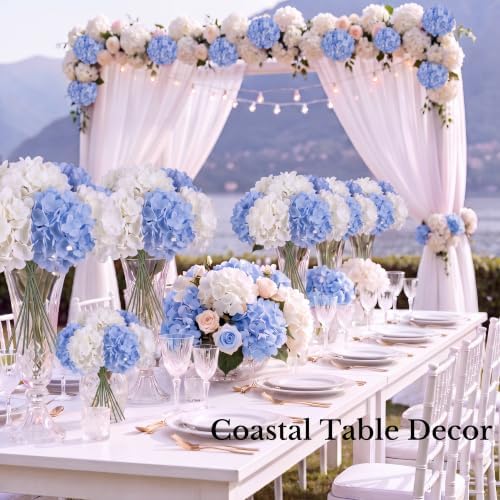50PCS White & Blue Hydrangea Artificial Flowers, Stronger Bendable Stems - Image 6