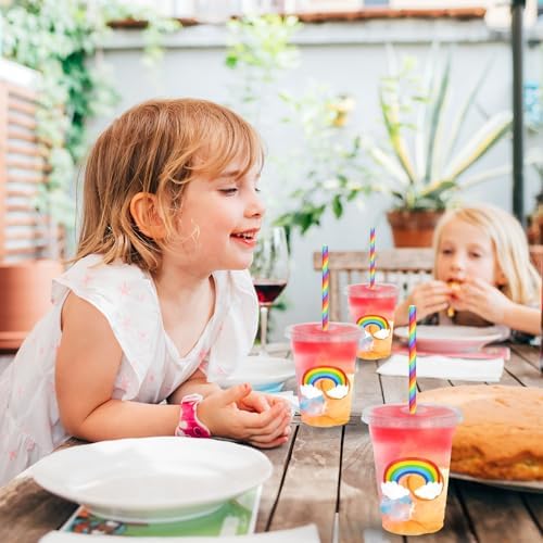 Whaline 50 Pcs 12 Oz Pastel Rainbow Disposable Plastic Cups with Lids and Straws Colorful Cold Beverage Drinking Cups for Birthday Baby Shower Party Supplies - Image 7