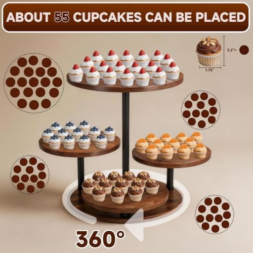 Cupcake Stand 4 Tier for 50 Cupcakes, 360° Rotatable Round Wooden Tiered Tray Cake Stand, Farmhouse Dessert Table Display Set for Party, Birthday, Wedding, Baby Shower and Tea Party - Image 4