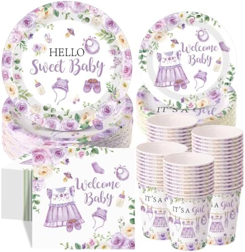 Pickmesh 250 Pcs Purple Floral Baby Girl Shower Disposable Tableware Set Hello Sweet Baby Paper Plates Napkins Cups Cutlery for Gender Reveal Birthday Party Supplies Babies Shower, Serve 50 Guest by Pickmesh