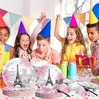Naozinebi 200pcs Paris Eiffel Tower Plates Napkins Parisian Party Paris European City Tableware Set Landscape Pink Dinnerware Paper Tableware Bundle Baby Shower Decor Supplies Serve 50 - Image 6