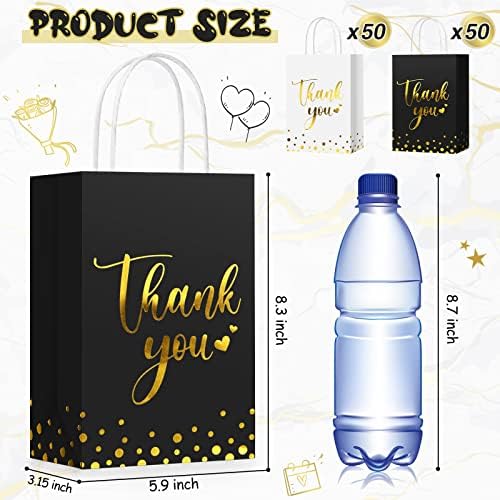 Tinlade 100 Pcs Thank You Gift Bags Bulk Paper Gold Thank You Wedding Bags with Handle for Business, Shopping, Wedding, Baby Shower, Party Favors (Black, White) - Image 2
