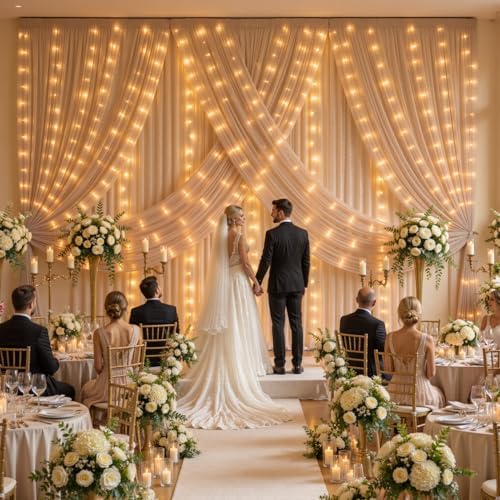 10x10ft Dark Champagne Tulle Backdrop Curtains with Lights String for Parties,Wrinkle Free Sheer Curtain Wedding Photo Backdop Drapes for Baby Shower Birthday Party Photography Home Decorations - Image 7