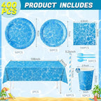 Ceenna 452 Pcs Ocean Waves Party Decorations for 50 Guest, Under The Sea Pool Paper Plates Napkins Cups Tablecloth Cutlery Straw for Summer Blue Ocean Water Beach Birthday Baby Shower Party Supplies - Image 2