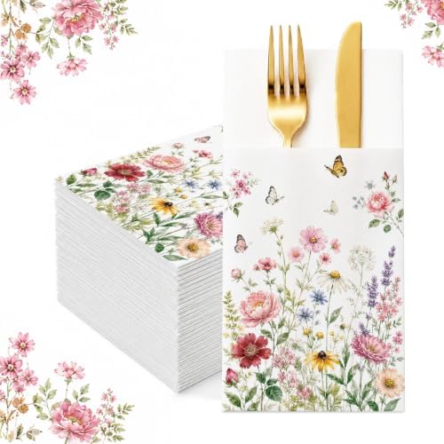 Wildflower Linen Feel Pocket Napkins for Wedding Party Cocktail Decor by Fouliki
