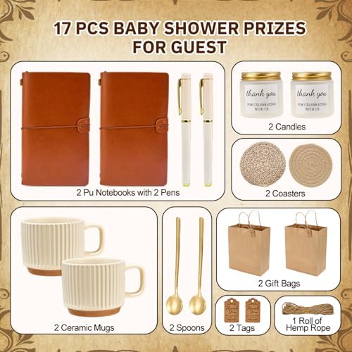 Baby Shower Prizes for Game Winners Baby Shower Games Prizes Ceramic Mugs with Metal Spoons Woven Coasters Notebooks Scented Candles Gift Bags Wedding Bridal Shower Favors for Guests (2, Brown) - Image 3