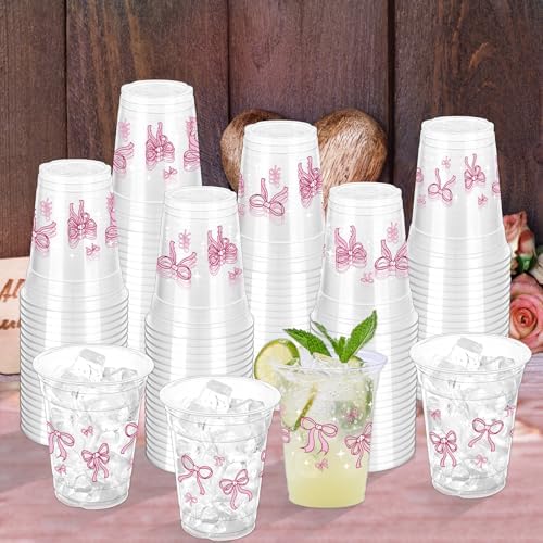 100 Pcs Pink Bow Plastic Cups, 12 oz Cute Bow Drinking Cups Pink Bow Clear Disposable Plastic Cups for Bridal Shower Wedding Birthday Party Supplies - Image 4