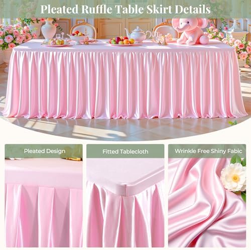 Pink Satin Tablecloths Rectangle 6FT, Glitter Spandex Fitted Stretch Table Covers Wrinkle-Free Floor Length Shimmer Table Skirt for Weddings Parties Baby Shower Banquets Vendor Events - Image 2