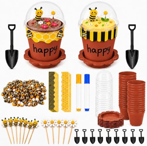 50Sets Bee Honey Jars Party Favors Bulk, Mini Plastic Bee Theme Honey Jar Pots Decoration with Spoon, Trays, 3D Stickers, And Markers for DIY Cupcake Dessert Baby Shower Wedding Party Gift Set by Unknown