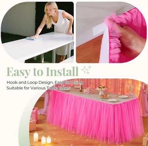 14FT Long Hot Pink Tulle Table Skirt for Rectangle Round Tables 3-Layer Ruffle Desk Teacher Skirt for Back to School Supplies Princess Girls Birthday Party Cake Dessert Classroom Dorm Decor - Image 7