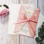 5.12 x7.28 inch 50PCS Pink Blank Laser Cut Hollow Lace Wedding Invitations with Envelopes & Pearl Bowknot Quinceanera Invitation Cards for Wedding Invite - Image 3