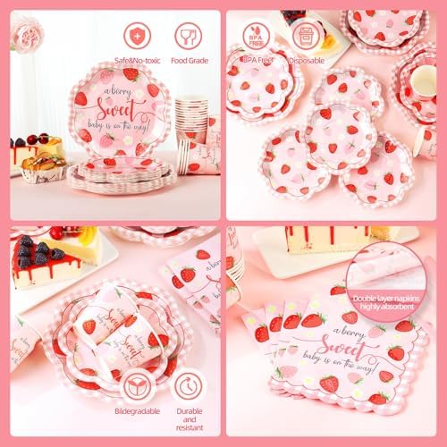 Strawberry Baby Shower Decorations for Girl, Baby Shower Plates and Cups and Napkins Sets Serves 50, Strawberry Plates, A Berry Sweet baby Is On The Way Decorations, Berry Sweet baby shower - Image 5