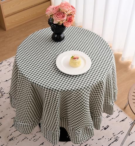 vctops Farmhouse Green Plaid Ruffle Table Cloth, Boho Cotton Linen Tablecloth, Washable Table Cover for Round Table Baby Shower Kitchen Party Wedding Decor (Grey Green,70") - Image 3