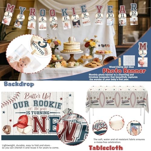 Hombae Rookie Year 1st Birthday Decorations, Baseball First Birthday Decor Party Supplies with Balloons Boxes, Highchair & Photo Banners, Crown, Cake Cupcake Toppers, Tablecloth, Backdrop, Poster - Image 6