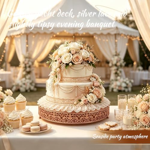 14 Inch Rose Gold Cake Stand, Round Metal Dessert Display with Ornate Filigree Lace, Dual‑Coated Premium Finish for Wedding, Anniversary & Elegant Home Decor - Image 5