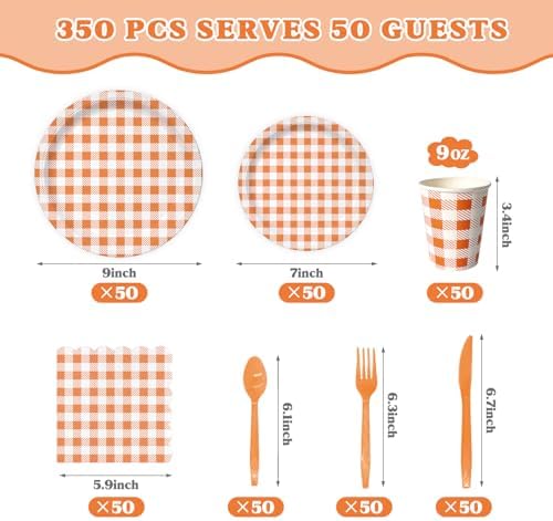 Vyntra 350-Pc Orange Gingham Paper Plates and Napkins Party Supplies - Image 3